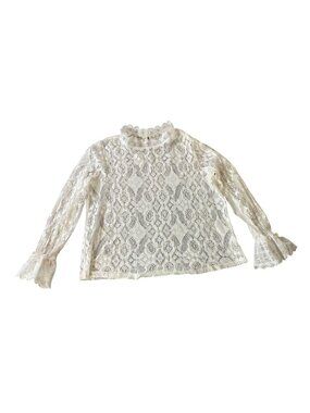 Lace Long Sleeve Blouse Ruffled Cuffs Mock Neck White Large